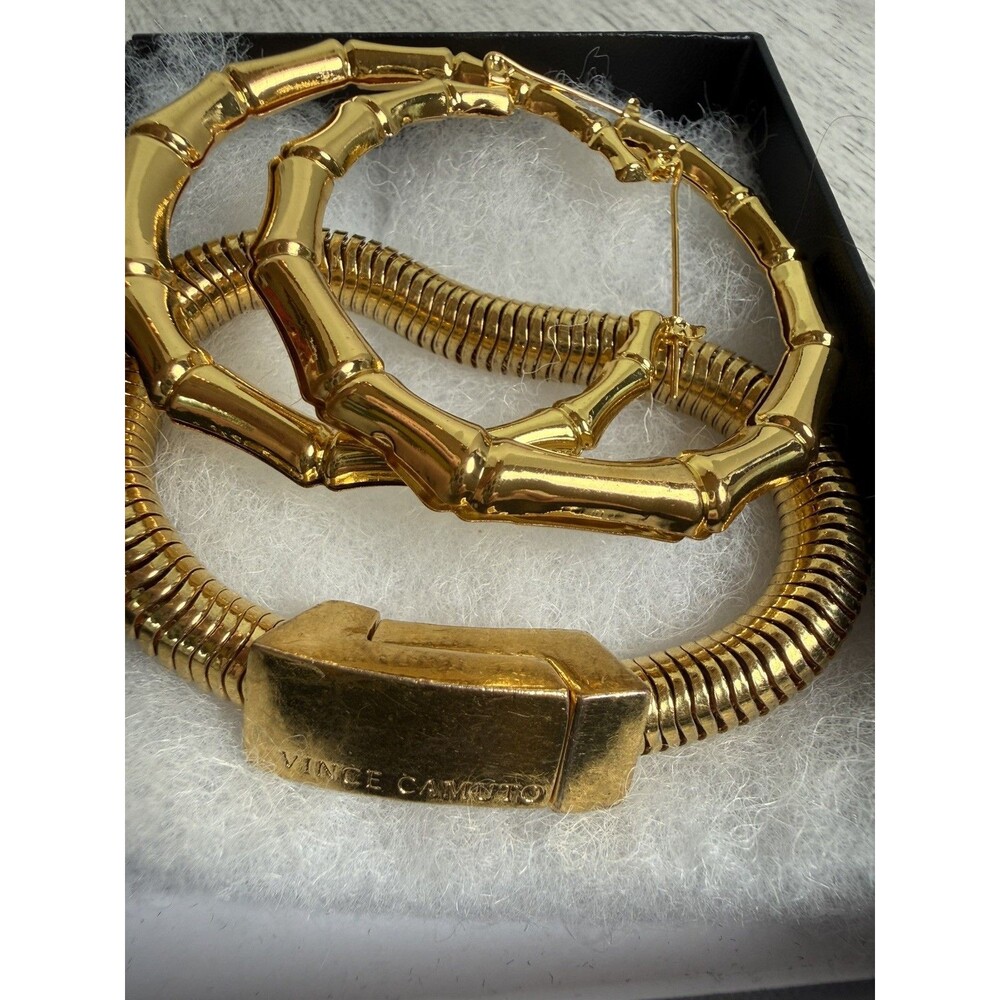 Vince Camuto Gold Tone Snake Link Bracelet & Segmented Bamboo Hoop Earrings Set